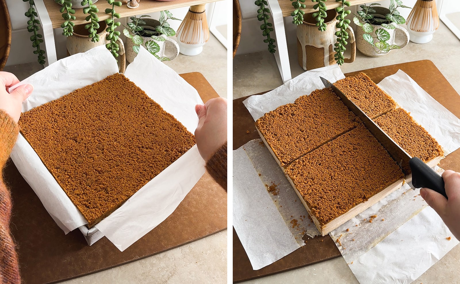 Left to right: lifting ice cream sandwich block out of the pan, cutting ice cream sandwiches with a knife.