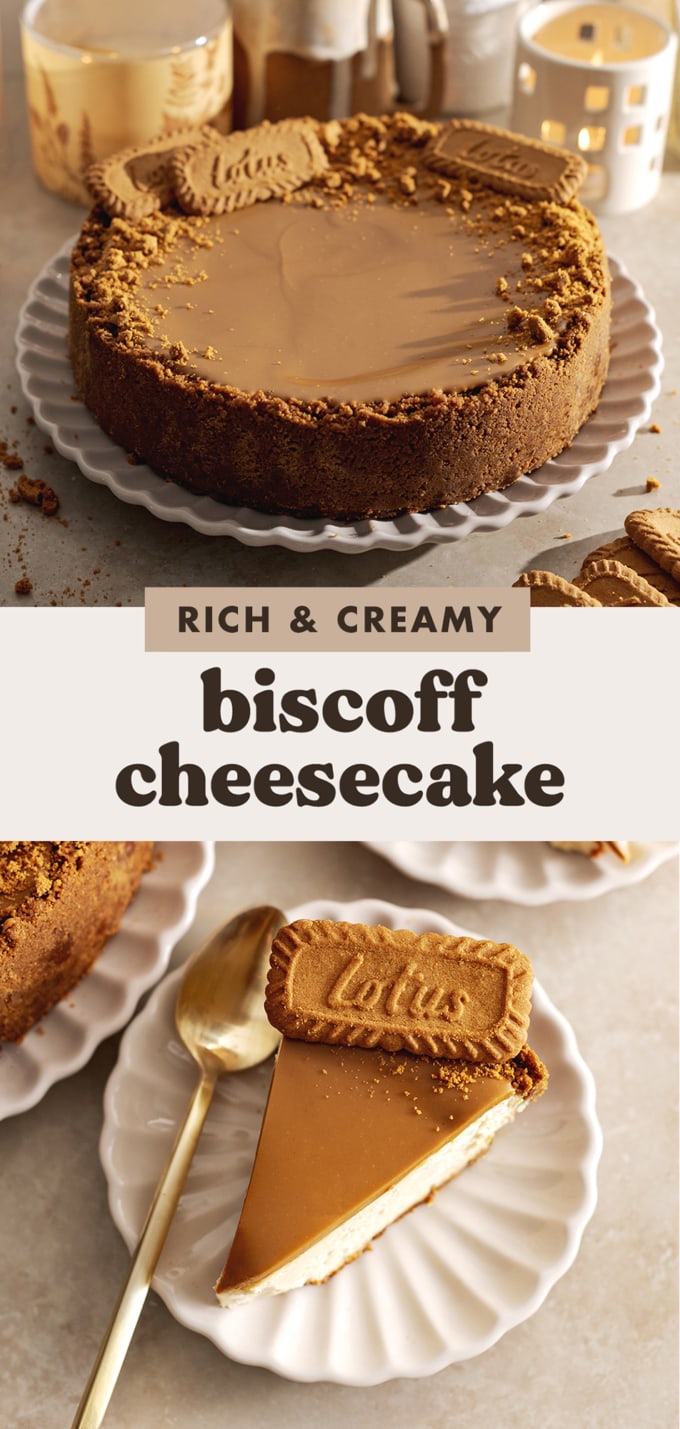 Two images of biscoff cheesecake with a text overlay that reads "rich and creamy biscoff cheesecake".