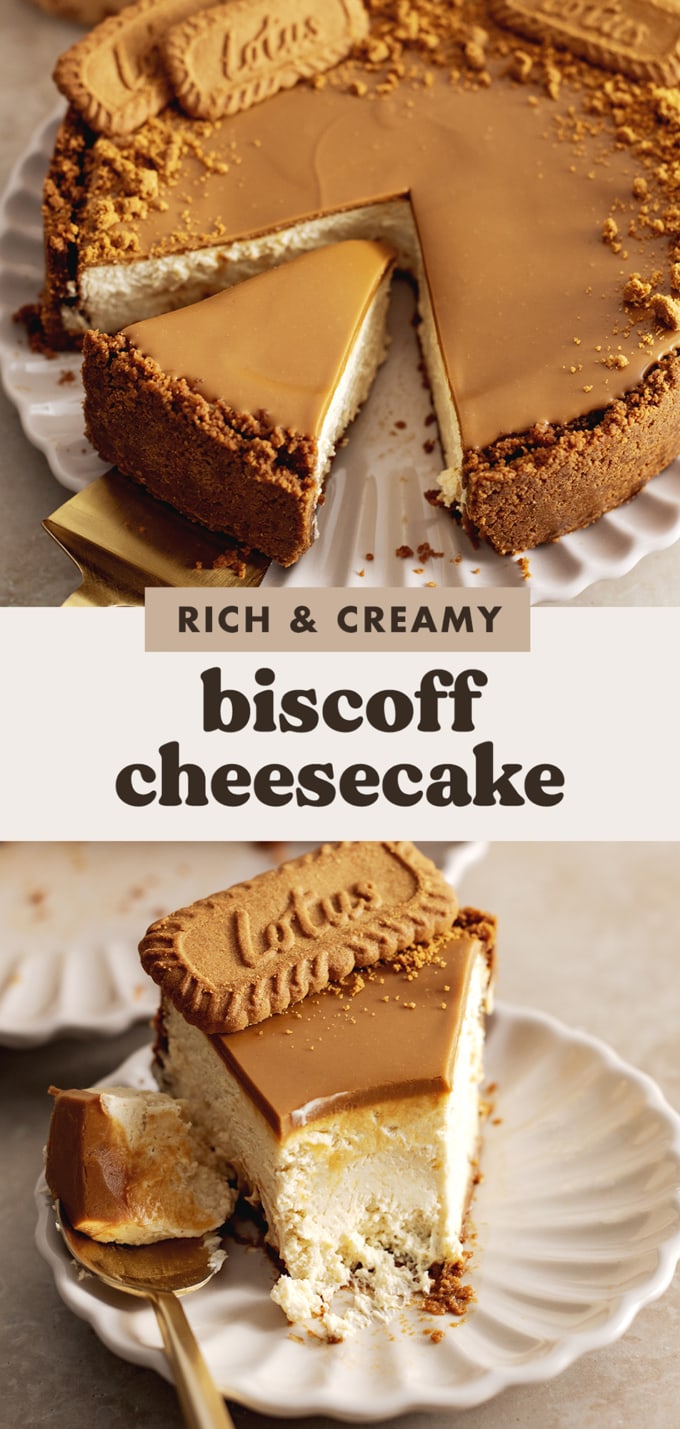 Two images of biscoff cheesecake with a text overlay that reads "rich and creamy biscoff cheesecake".