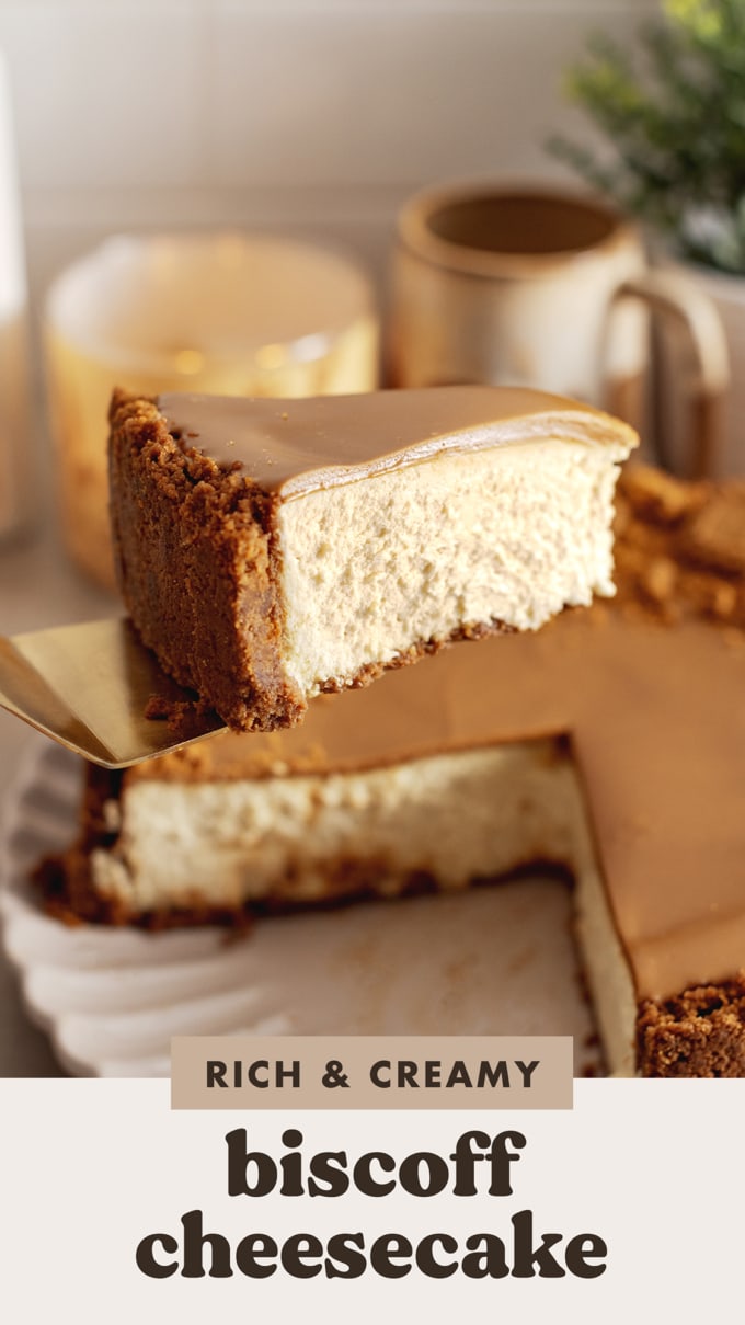 This biscoff cheesecake is made with a biscoff cookie crust, creamy spiced cheesecake, and a layer of biscoff spread on top. It's the ultimate cheesecake for biscoff lovers!