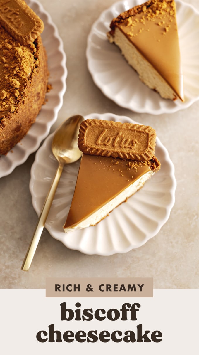 Slices of biscoff cheesecake on scalloped plates.