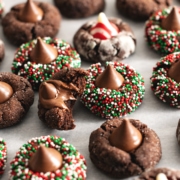 A chocolate blossom cookie with a bite taken out of it resting on another cookie.