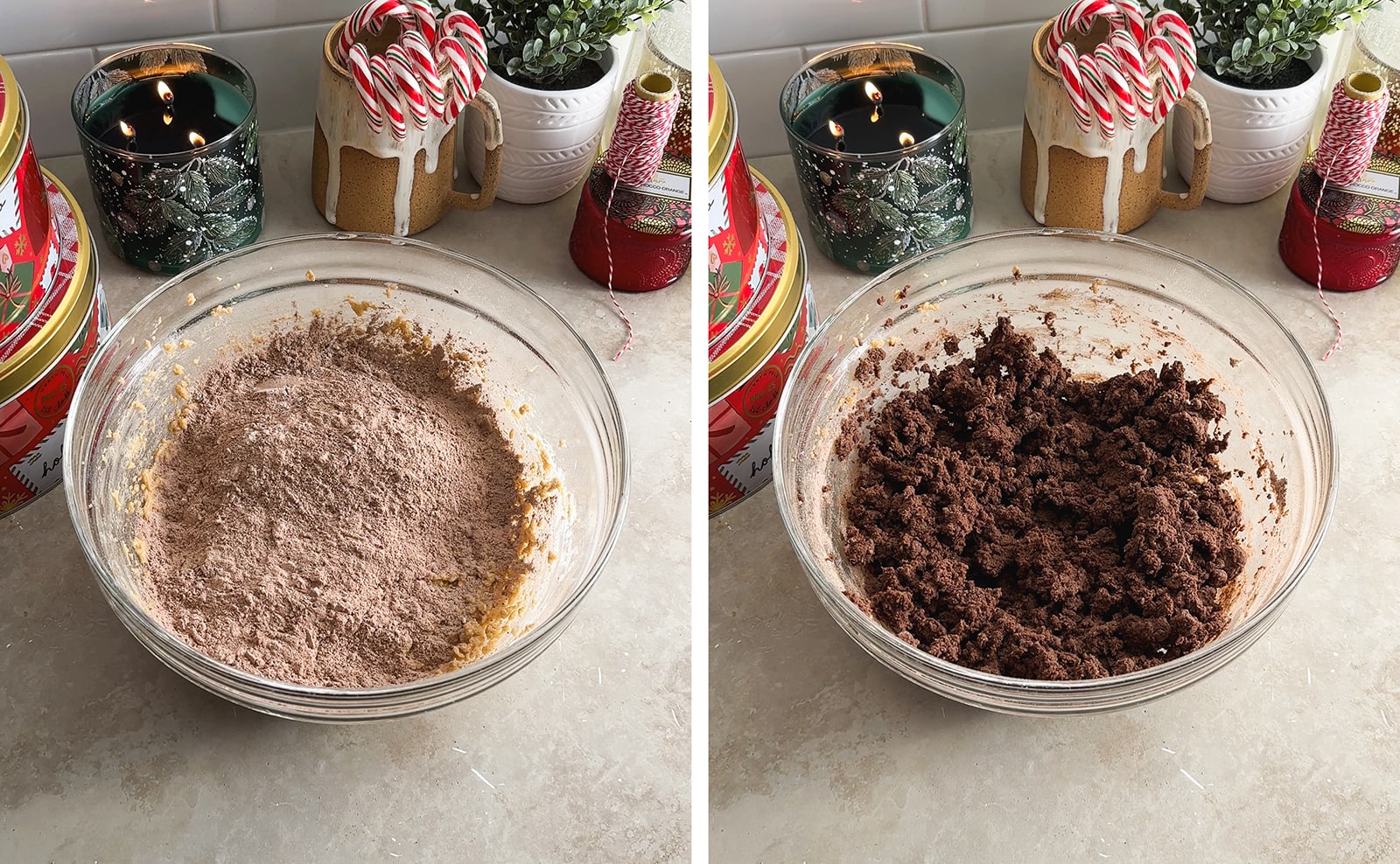 Left to right: flour mixture in a bowl of batter, mixed chocolate cookie dough in a bowl.