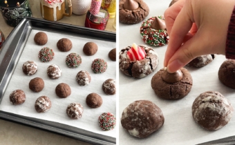 Left to right: blossom cookies on a baking sheet after baking, fingers pressing a Hershey's kiss chocolate into a cookie.