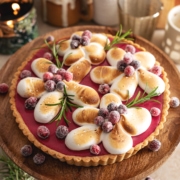 A cranberry meringue tart on a wooden cake stand.