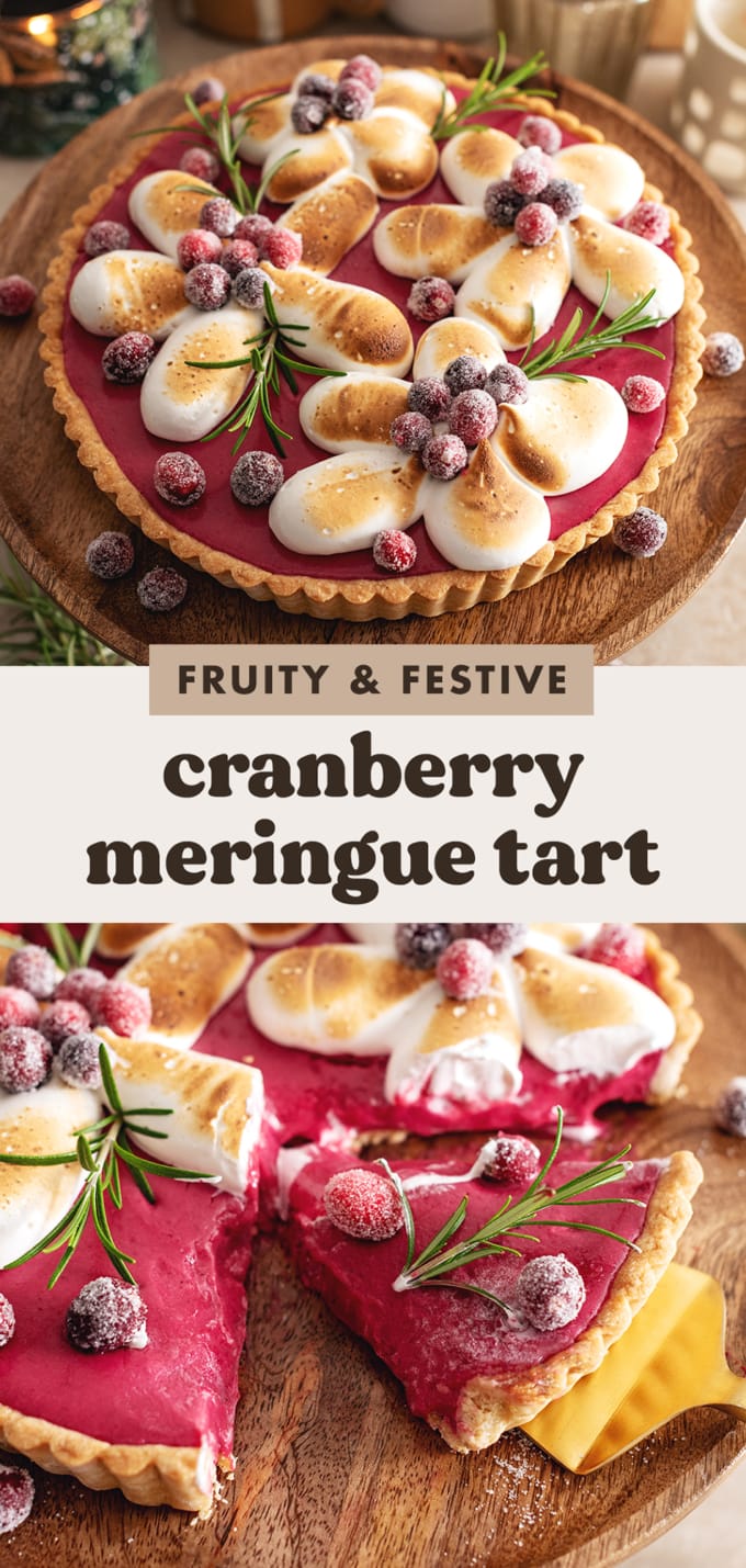 Two images of a cranberry curd tart with text overlay that reads "fruity and festive cranberry meringue tart".