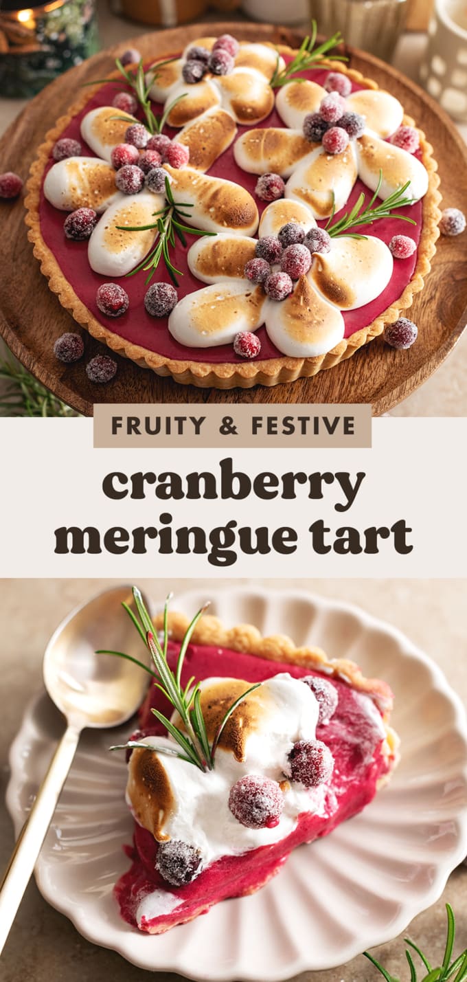 Two images of a cranberry curd tart with text overlay that reads "fruity and festive cranberry meringue tart".