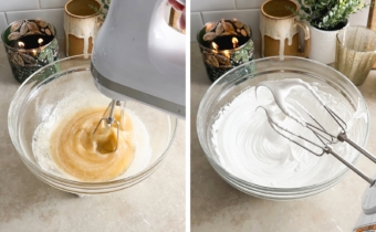Left to right: beating egg white mixture with a hand mixer, stiff peaks of meringue on the beaters of a hand mixer.