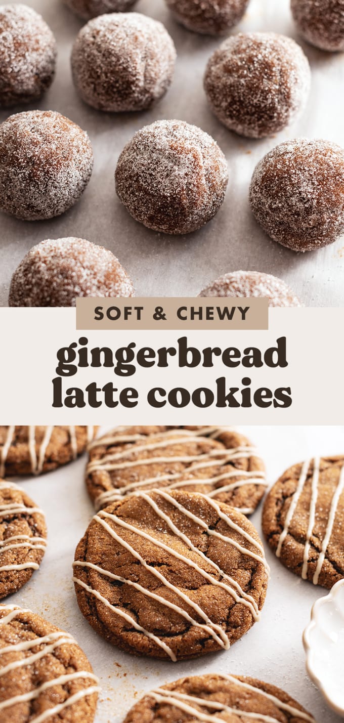 Two images of gingerbread latte cookies with a text overlay that reads "soft and chewy gingerbread latte cookies".