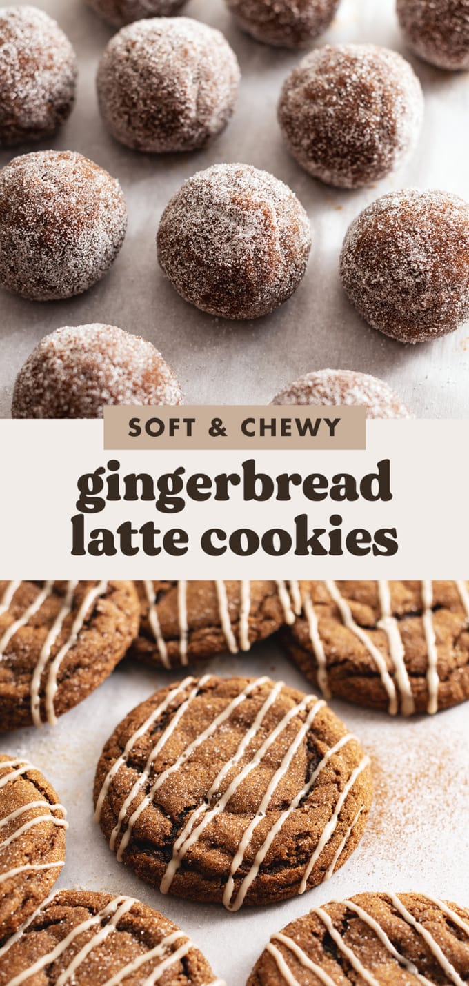 Two images of gingerbread latte cookies with a text overlay that reads "soft and chewy gingerbread latte cookies".