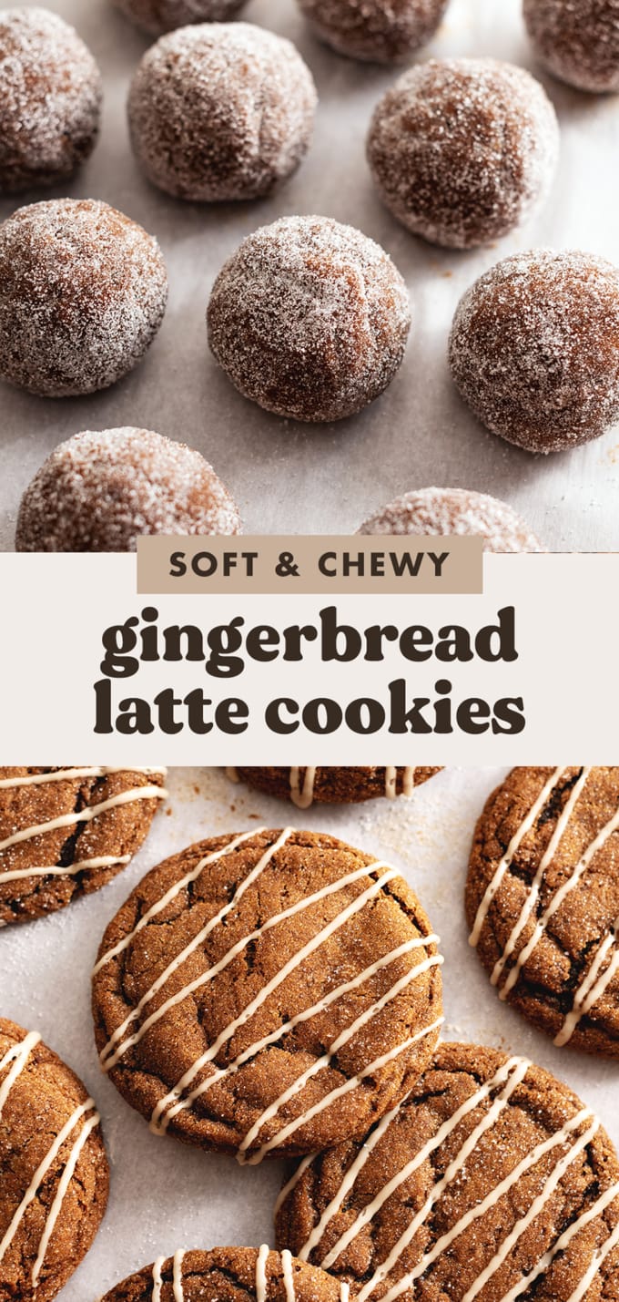 Two images of gingerbread latte cookies with a text overlay that reads "soft and chewy gingerbread latte cookies".