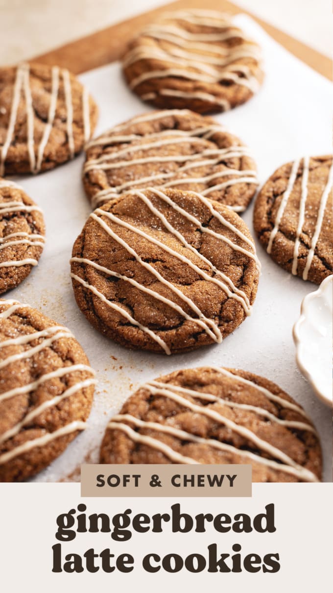 Gingerbread latte cookie leaning on another cookie.