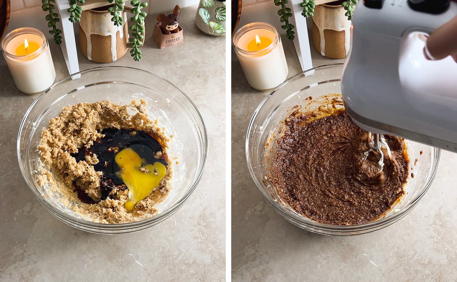Left to right: molasses and egg in a bowl of creamed butter and sugar, mixing wet mixture with a hand mixer.