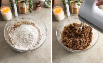 Left to right: flour in a bowl of wet mixture, mixing cookie dough with a hand mixer.