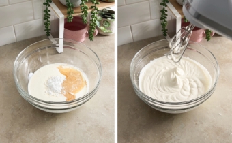 Left to right: ingredients in a mixing bowl, firm peaks of whipped cream in a bowl.