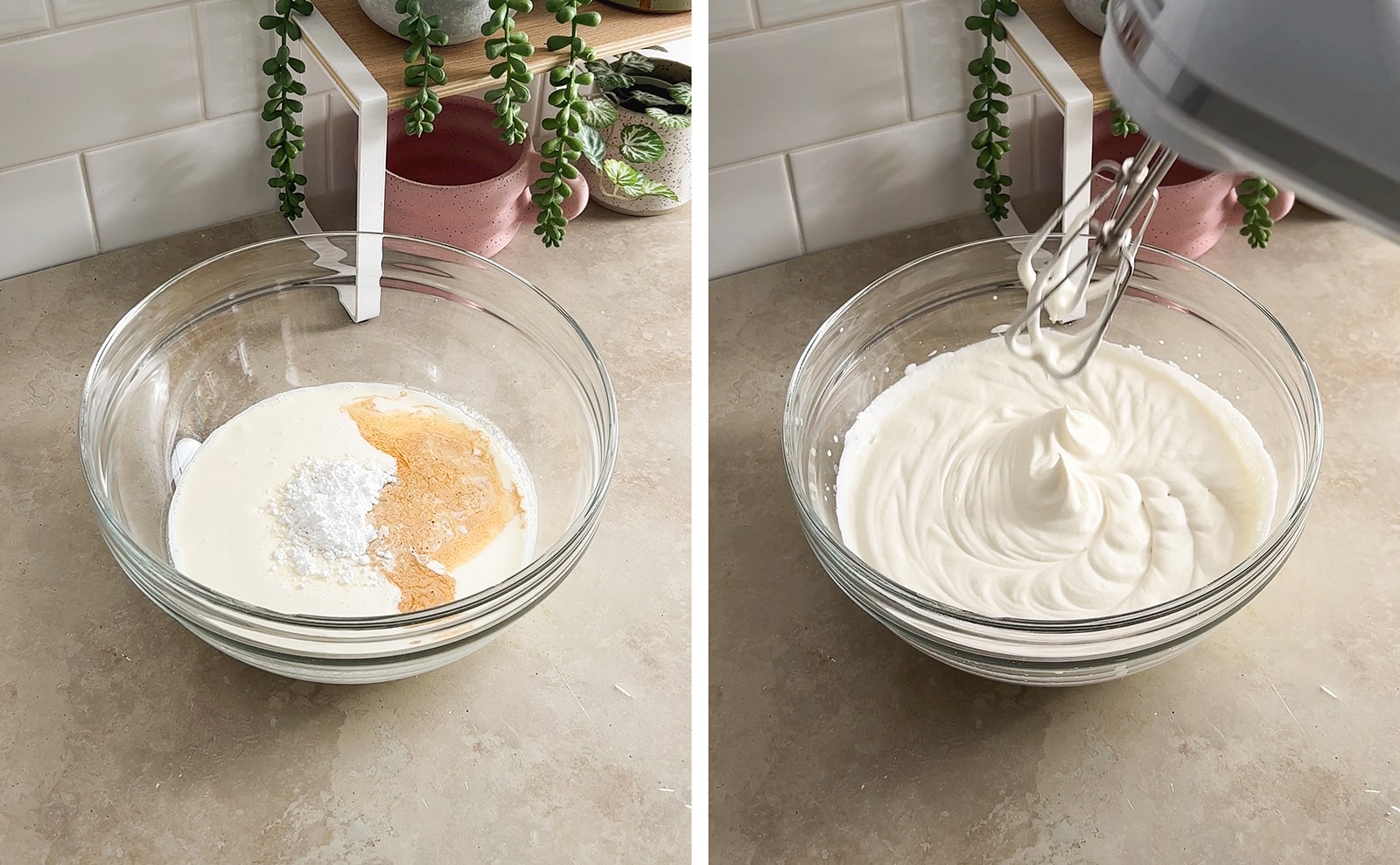 Left to right: ingredients in a mixing bowl, firm peaks of whipped cream in a bowl.