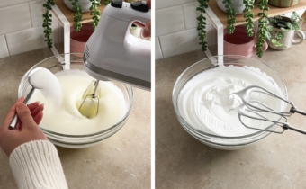 Left to right: sprinkling sugar into egg whites while mixing with a hand mixer, stiff peaks of meringue on a hand mixer.