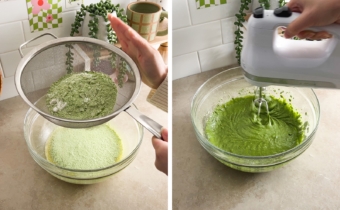Left to right: sifting flour mixture into wet mixture, mixing wet batter with a hand mixer.