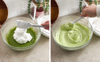 Left to right: dropping meringue into bowl of matcha batter, folding meringue into cake batter with a spatula.
