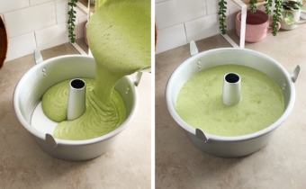 Left to right: pouring chiffon cake batter into a tube pan, tube pan filled with cake batter.