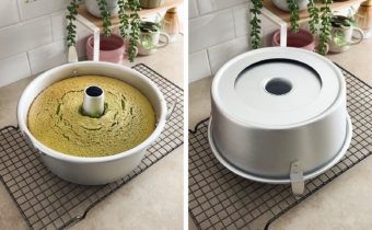 Left to right: baked cake in tube pan, tube pan flipped upside down.