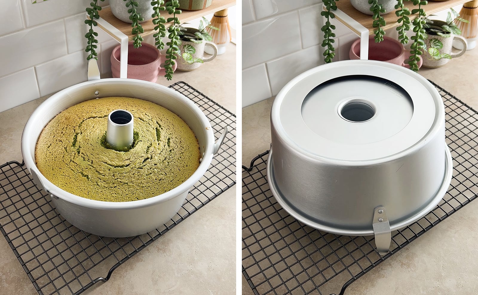 Left to right: baked cake in tube pan, tube pan flipped upside down.