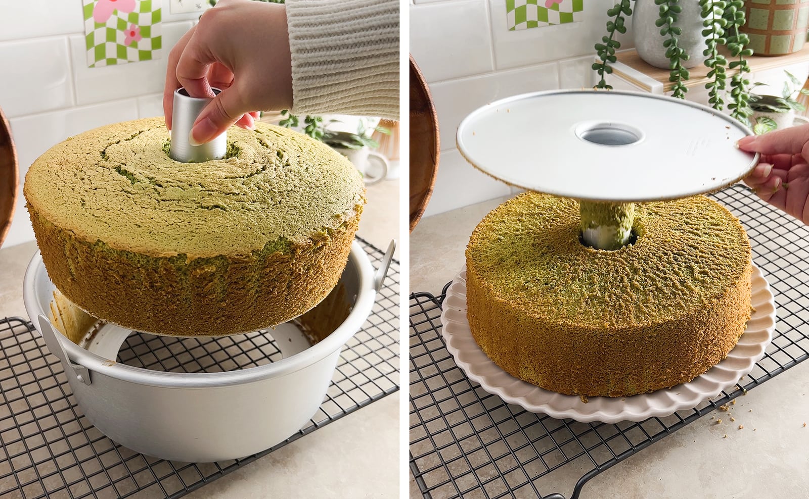 Left to right: hand lifting cake out of pan, hand pulling the tube and bottom piece of tube pan out of cake.