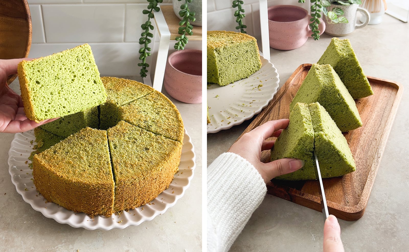 Left to right: hand holding a slice of chiffon cake above the rest of the cake, cutting a slot into a slice of cake.