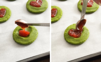 Left to right: adding strawberry jam to a cookie, spreading jam around cookie with a spoon.