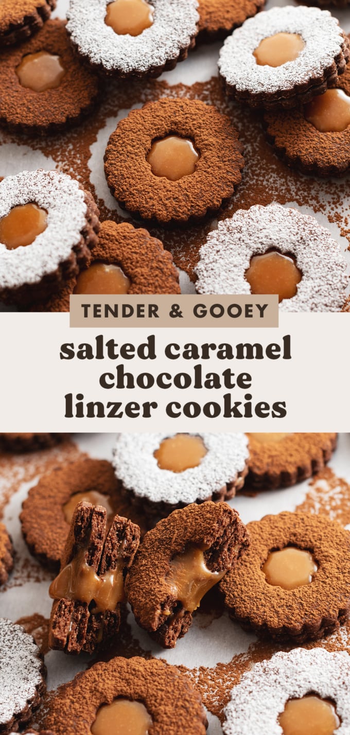 Two images of salted caramel linzer cookies with text overlay that reads "tender and gooey salted caramel chocolate linzer cookies".