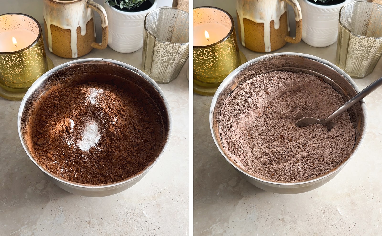 Left to right: dry ingredients in a bowl, dry ingredients mixed in a bowl.