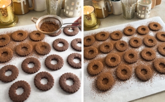 Left to right: dusting cookies with cocoa powder from a sieve, cookies dusted with cocoa powder.