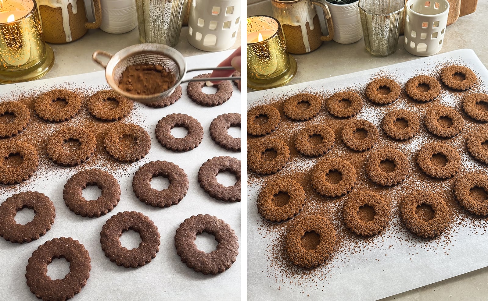 Left to right: dusting cookies with cocoa powder from a sieve, cookies dusted with cocoa powder.