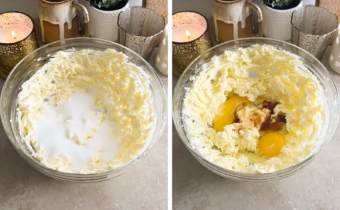 Left to right: butter and sugar in a mixing bowl, eggs and vanilla extract in a bowl of creamed butter and sugar.