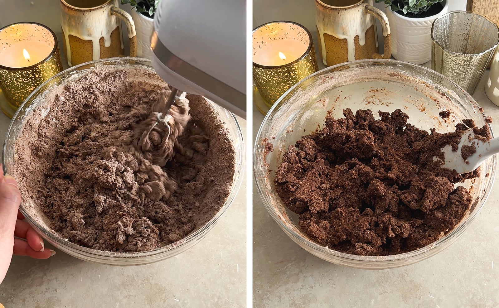 Left to right: mixing cookie dough with a hand mixer, chocolate cookie dough in a bowl.