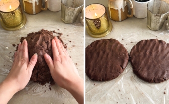 Left to right: hands pressing cookie dough together, two flattened discs of chocolate cookie dough.