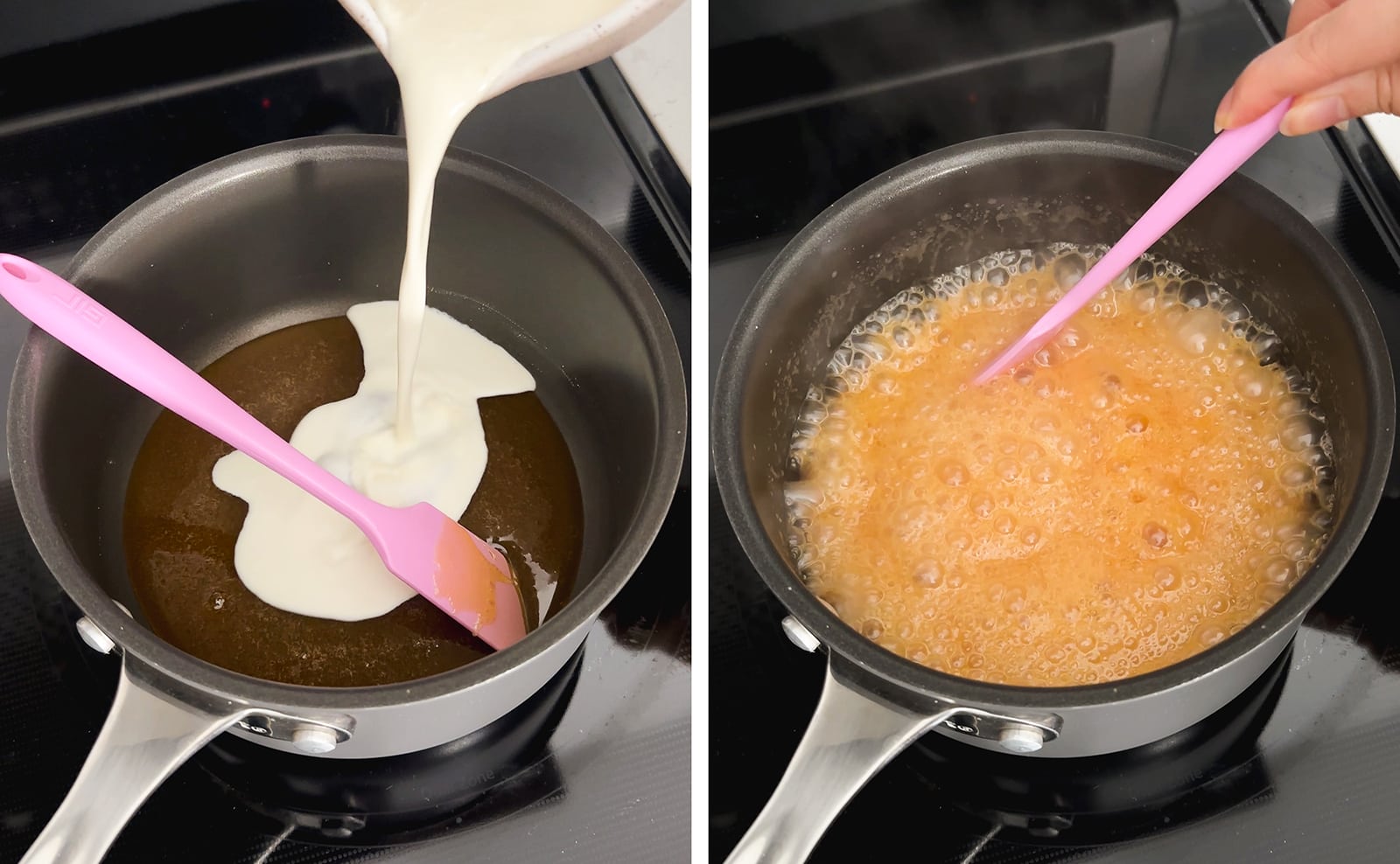 Left to right: pouring heavy cream into pot of melted sugar, caramel bubbling up in pot.