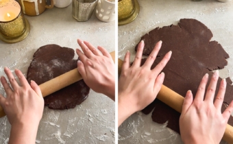 Rolling out cookie dough with a rolling pin.