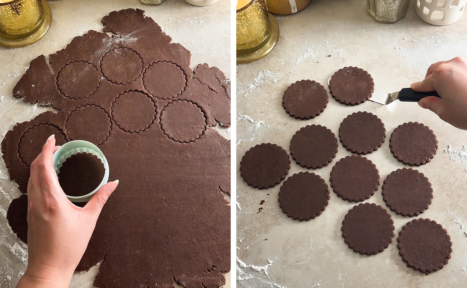 Left to right: cutting out cookies from dough with a cookie cutter, sliding an offset spatula underneath cookie cut-outs.
