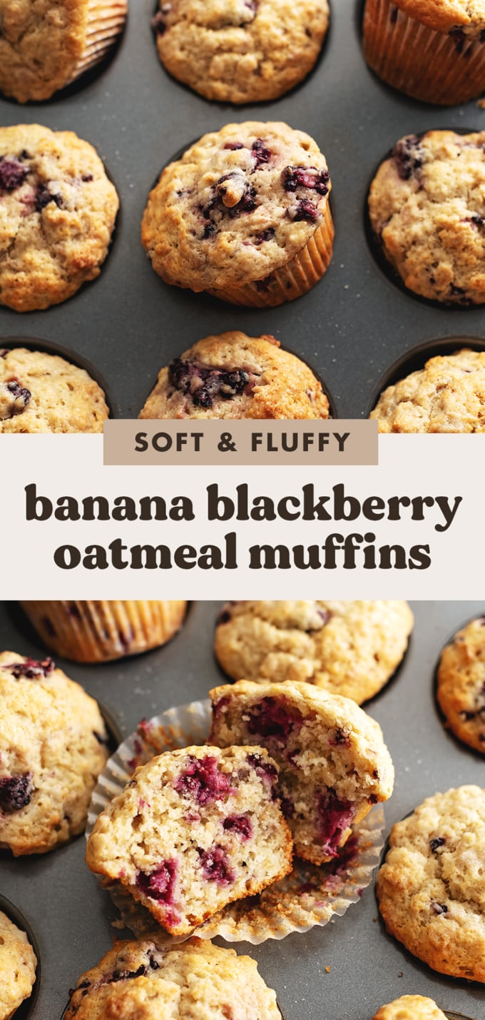 Two images of banana blackberry oatmeal muffins with a text overlay that reads "soft and fluffy banana blackberry oatmeal muffins".