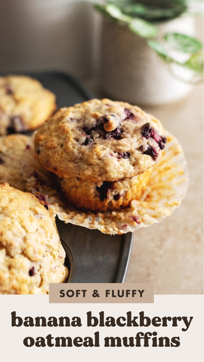 A banana blackberry oatmeal muffin unwrapped from its muffin liner.