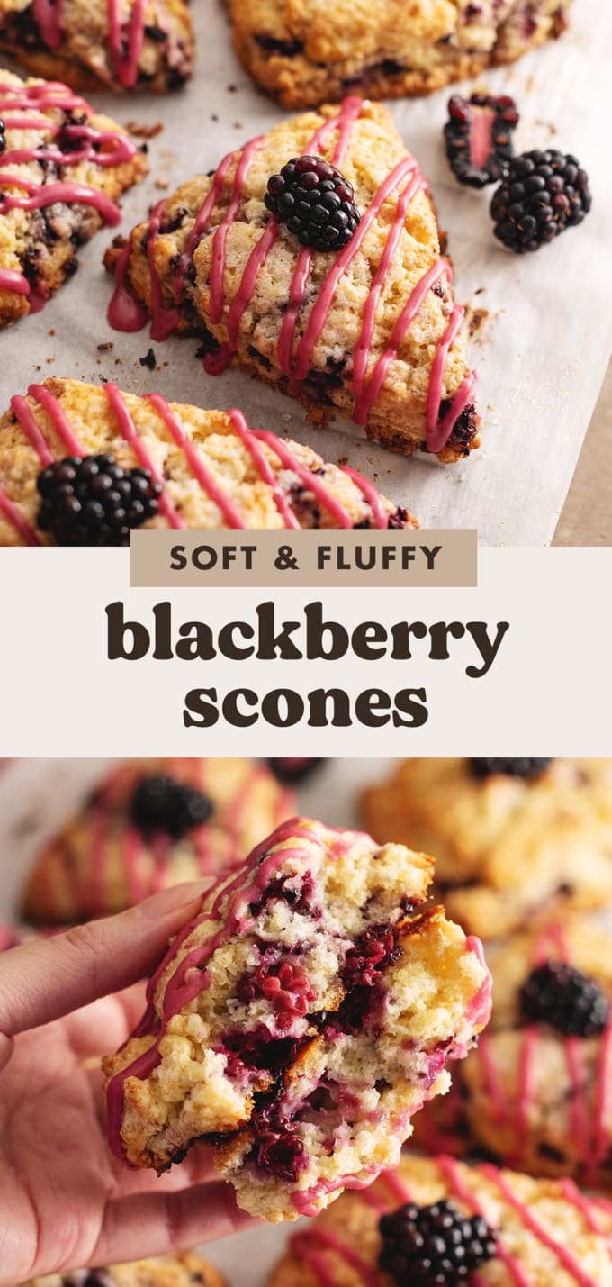 Two images of blackberry scones with a text overlay that reads "soft and fluffy blackberry scones".