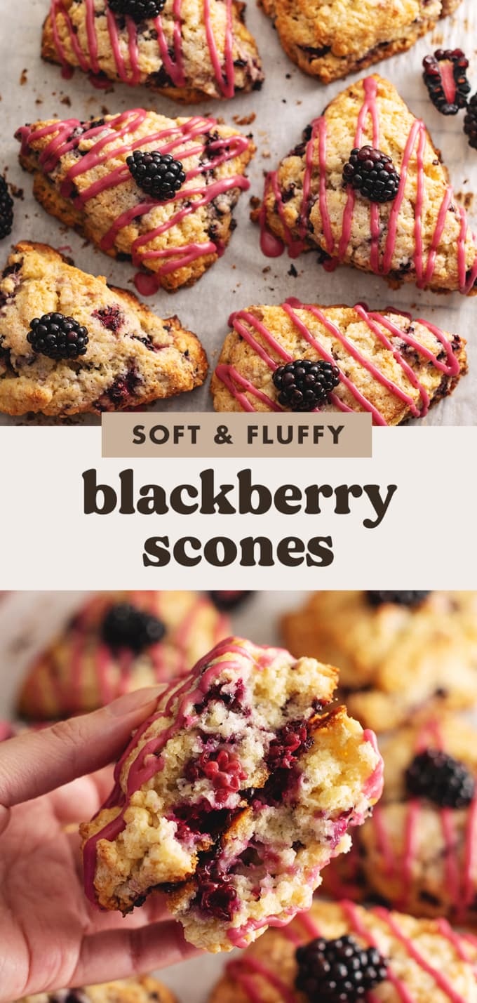 Two images of blackberry scones with a text overlay that reads "soft and fluffy blackberry scones".