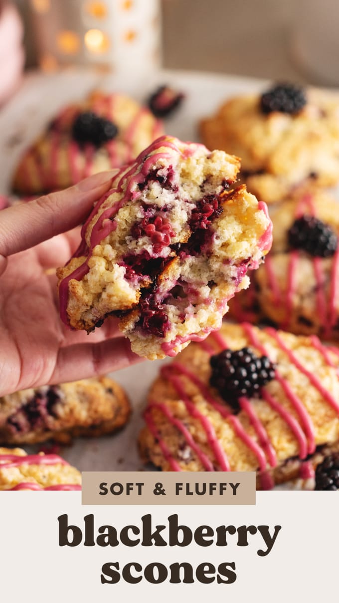 Hand holding a blackberry scone cut in half to show the fluffy texture inside.