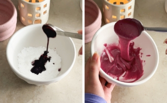 Left to right: pouring a spoonful of blackberry juice into a bowl of powdered sugar, blackberry icing dripping off a spoon into a bowl.