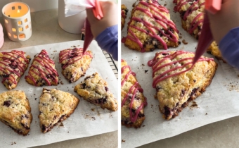 Left to right: piping blackberry icing on top of blackberry scones, close-up of icing on top of a scone.