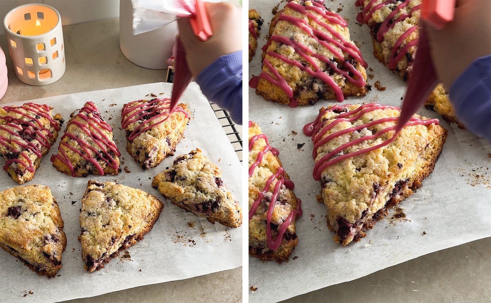 Left to right: piping blackberry icing on top of blackberry scones, close-up of icing on top of a scone.