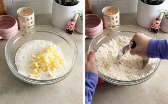 Left to right: cubes of butter in a bowl of flour, cutting butter in flour with a dough blender.