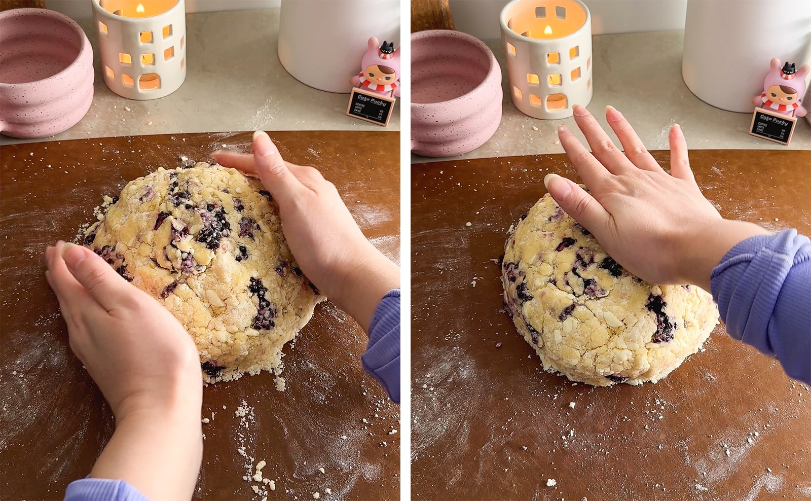 Left to right: hands shaping scone dough into a disc, hand pressing dough to flatten.