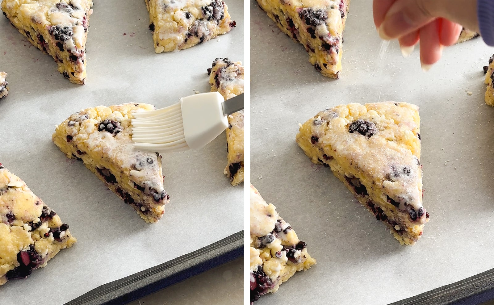 Left to right: brushing a scone with heavy cream. sprinkling sugar on top of an unbaked scone.